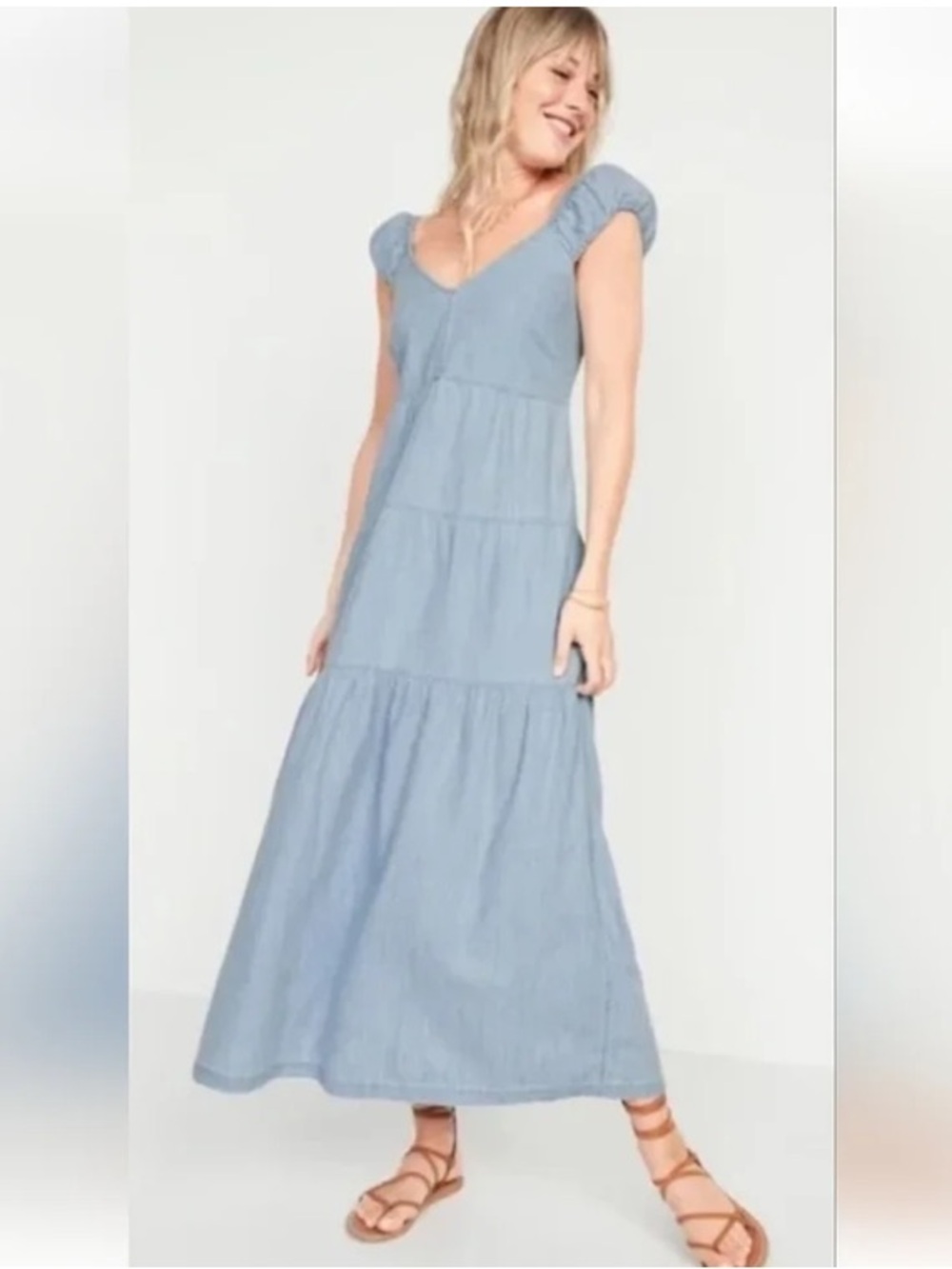 Old Navy Denim Maxi Dress 100% Cotton Tiered Flowy Sleeveless Size XL Prairie